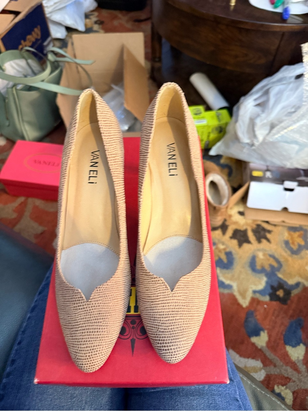 VANELI taupe colored heels with a soft animal print. 7N